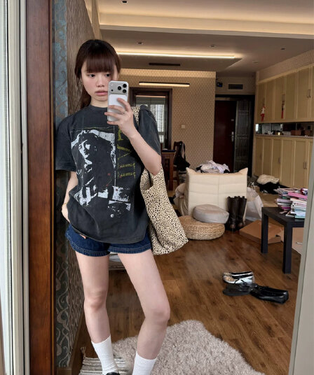 순면 230 크 워싱 마 오래된 프린트 반팔 티셔츠 여성