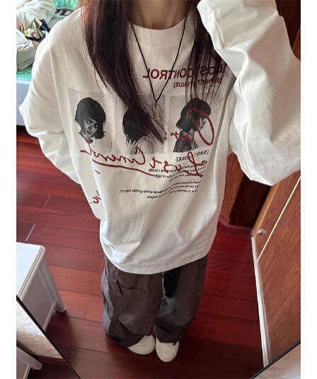 한 부서 순면 라운드 넥 프린트 가을 의상 긴팔 티셔츠 여성 루즈핏