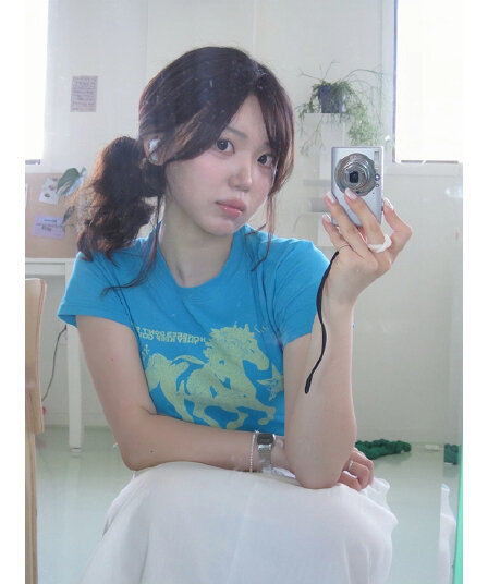 아메리칸 레트로 순면 몸매 가꾸기 긍정적 인 어깨 라운드 넥 프린트 반팔 티셔츠
