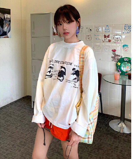 210 그램 21 이후 패키지 칼라 프린트 가을 의상 긴팔 티셔츠 여성 루즈핏 순면 라운드 넥 맨위