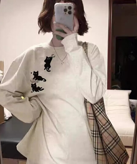 210 그램 21 이후 패키지 칼라 프린트 가을 의상 긴팔 티셔츠 여성 루즈핏 순면 라운드 넥 맨위