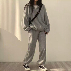 批发韩版chic复古加厚保暖翻领套头长袖卫衣+束脚休闲裤两件套