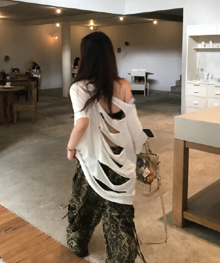 대 핏 스타일 이전 조각 찢어진 부분 이후 조각 홀로우 아웃 19 지점 220 그램 순면 티셔츠