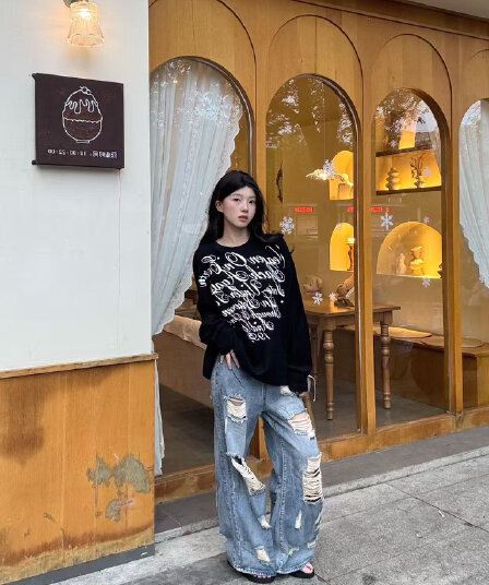 높은 품질 순면 200그램 21 빗질하다 정밀 프린트 가을 루즈핏 긴팔 티셔츠 여성