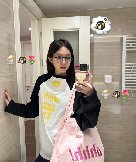 아메리칸 레트로 순면 패치워크 배색 라운드 넥 루즈핏 프린트 긴팔 티셔츠