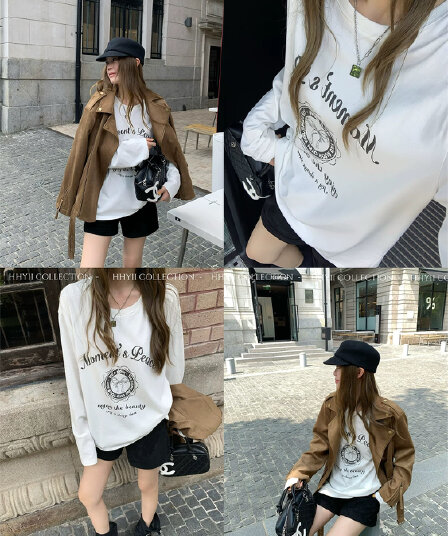 한 부서 순면 화이트 프린트 긴팔 티셔츠 여성 가을 겨울 다용도 스택 착용 슬림해 보이는 기본 셔츠 맨위