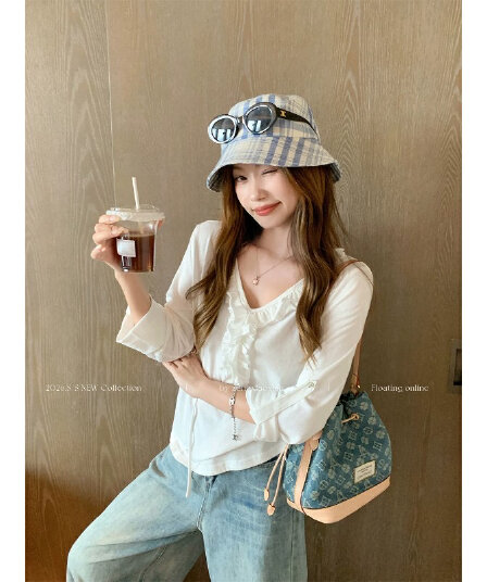 눈꽃 면 한 부서 화이트 프릴 V넥 7부 소매 티셔츠 여성 여름 루즈핏 슬림해 보이는 긍정적 인 어깨