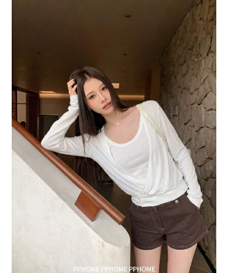 pphome 플러스 얼음 아메리칸 이른 가을 긴팔 비스듬한 문 襟 블라우스 레이스 조끼 슬립 맨위 투피스 세트