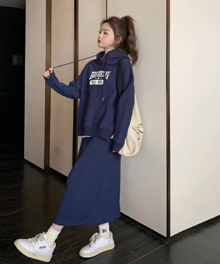 가을 빅 사이즈 슬림해 보이는 외국 가스 연령 감소 세트 드레스 여성 후드 티 스웨터 반신 스커트 투피스 세트 지방 mm
