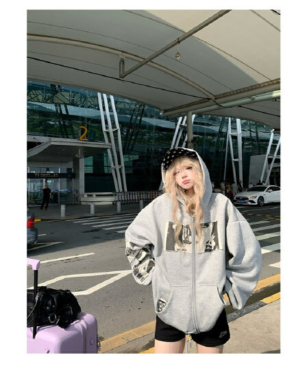 아메리칸 높음 거리 후드티 재킷 남녀 봄 가을 얇은 스타일 루즈핏 느긋한 바람 소금 부서 튀김 거리 지퍼