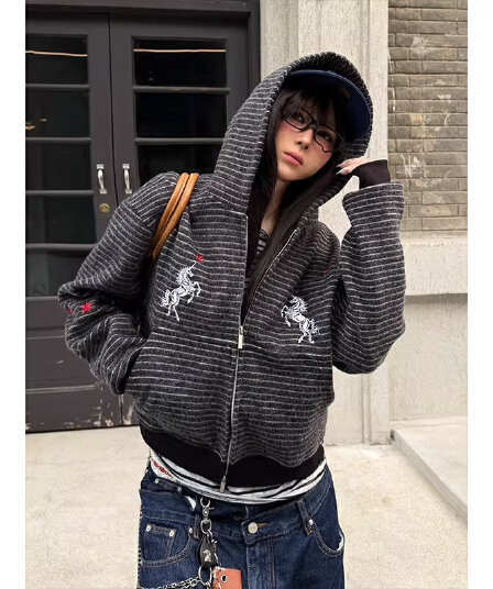 아메리칸 레트로 붉은 별 유니콘 자수 지퍼 후드 티 스웨터 남녀 오픈 가디건 높음 거리 스트라이프 캐주얼 재킷