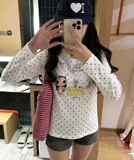 220 그램 40 빗질하다 92 면 이후 패키지 칼라 프린트 도트 무늬 긴팔 티셔츠 여성 몸매 가꾸기 라운드 넥 맨위