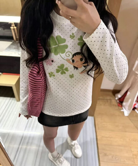 220 그램 40 빗질하다 92 면 이후 패키지 칼라 프린트 도트 무늬 긴팔 티셔츠 여성 몸매 가꾸기 라운드 넥 맨위