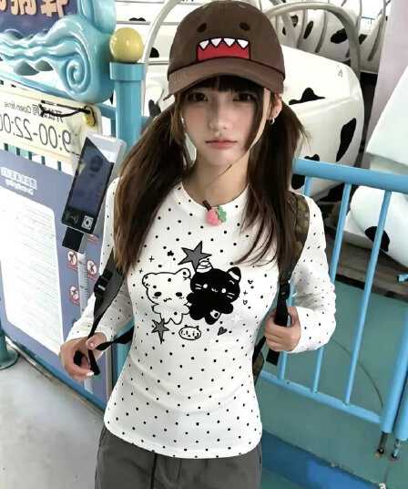220 그램 40 빗질하다 92 면 이후 패키지 칼라 프린트 도트 무늬 긴팔 티셔츠 여성 몸매 가꾸기 라운드 넥 맨위