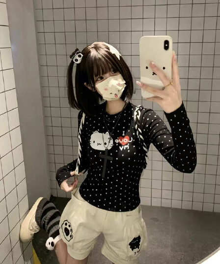 220 그램 40 빗질하다 92 면 이후 패키지 칼라 프린트 도트 무늬 긴팔 티셔츠 여성 몸매 가꾸기 라운드 넥 맨위