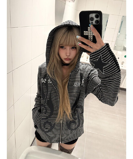 아메리칸 거리 스트라이프 후드 티 스웨터 여성 봄 가을 몸매 가꾸기 슬림해 보이는 새로운 지퍼 카디건 코트 맨위