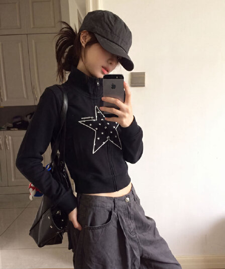 재킷 후아 면 복합 프린트 레트로 별 스탠드 칼라 오픈 가디건 후드티 달콤한 차가운 캐주얼 기초