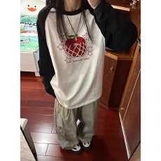 批发高质量<b class='q'>纯棉</b>200克21支精梳精密印花秋季宽松长袖<b class='q'>T</b><b class='q'>恤</b>女