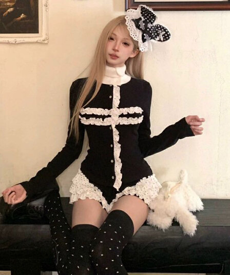 봄 가을 새로운 레이스 오픈 가디건 맨위 레이스 짧은 바지 여자 리 핫걸 세트