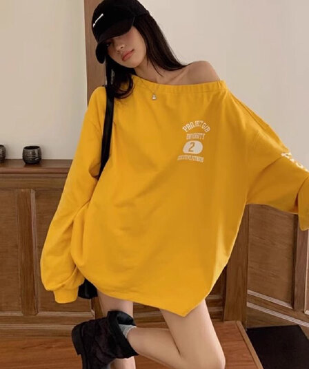 가을 겨울철 아메리칸 레트로 핫걸 비스듬한 어깨 프린트 루즈핏 후드티