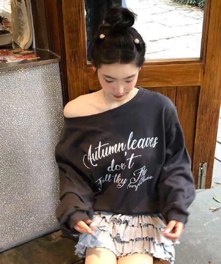가을 겨울철 아메리칸 레트로 핫걸 비스듬한 어깨 프린트 루즈핏 후드티