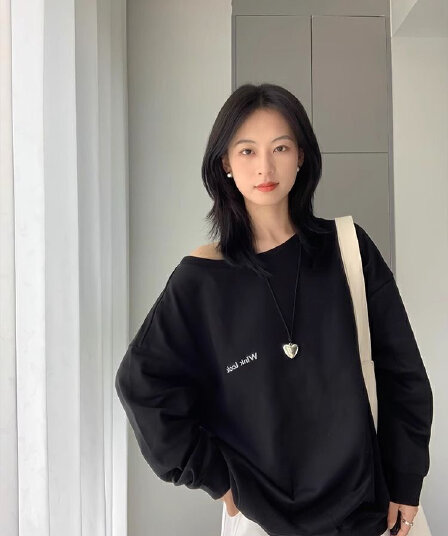 가을 겨울철 아메리칸 레트로 핫걸 비스듬한 어깨 프린트 루즈핏 후드티