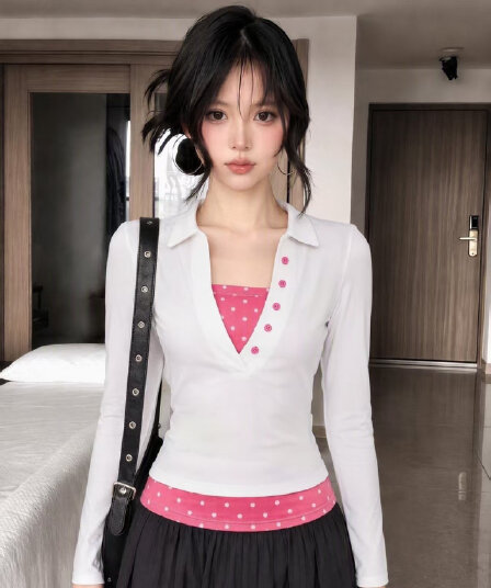 40 면 1 1 오스트리아 세대 서울 220 그램 아메리칸 핫걸 배색 도트 무늬 페이크 레이어드 긴 소매 티셔츠