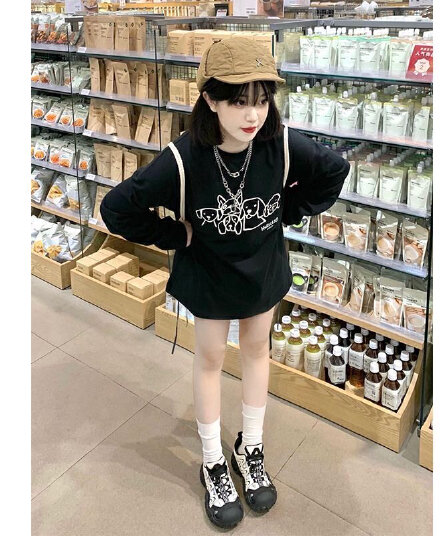 높은 품질 순면 200그램 21 빗질하다 정밀 프린트 가을 루즈핏 긴팔 티셔츠 여성