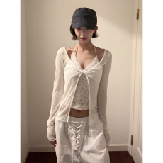 批发[天丝罗纹110克1*1】韩系辣妹扭结设计感白色<b class='q'>开衫</b>