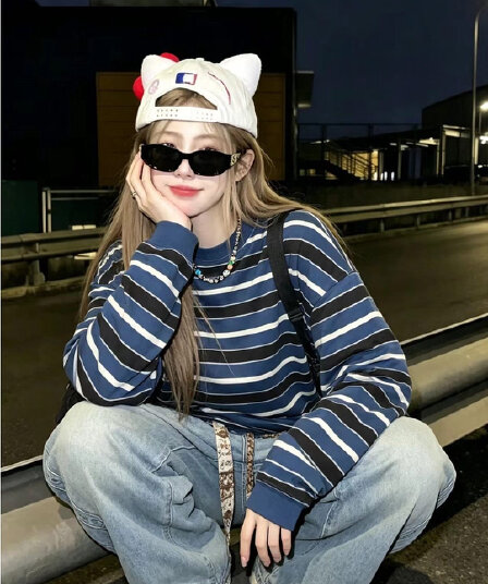 원본 원단 아메리칸 레트로 스트라이프 라운드 넥 긴팔 티셔츠 여성 봄 가을 느슨함 센스 다용도 맨위