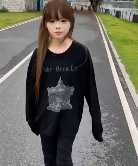 순면 210 그램 빗질하다 정밀 프린트 가을 루즈핏 긴팔 티셔츠 여성