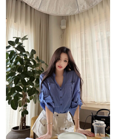 원본 원단 파란색 스탠드 칼라 루즈핏 긴팔 여성 셔츠 여름 V넥 여성 셔츠 조기 봄 셔츠