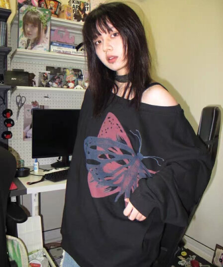 아메리칸 레트로 비스듬한 어깨 후드티 여성 가을 겨울 프린트 맨위