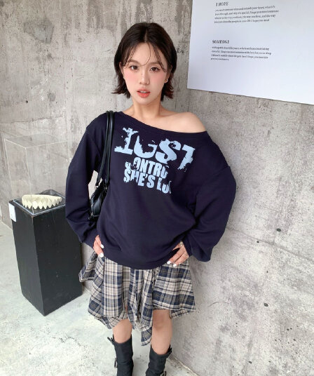 아메리칸 레트로 비스듬한 어깨 후드티 여성 가을 겨울 프린트 맨위