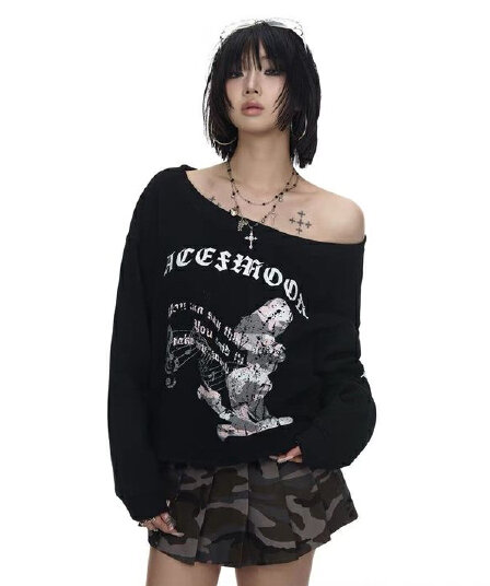 아메리칸 레트로 비스듬한 어깨 후드티 여성 가을 겨울 프린트 맨위