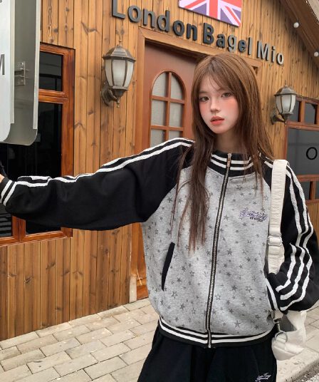 아메리칸 레트로 바 기사 별 전체 인쇄 패치워크 오픈 가디건 후드티 여성 루즈핏 스탠드 칼라 재킷 맨위