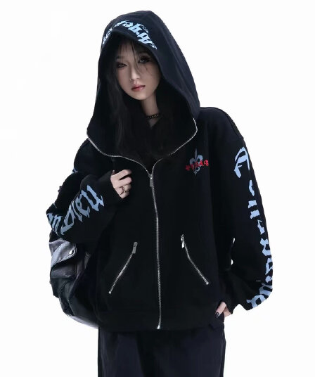 아메리칸 레트로 출퇴근 회색 루즈핏 새로운 후드 오픈 가디건 후드티 여성 가을 느긋한 바람 루즈핏 재킷