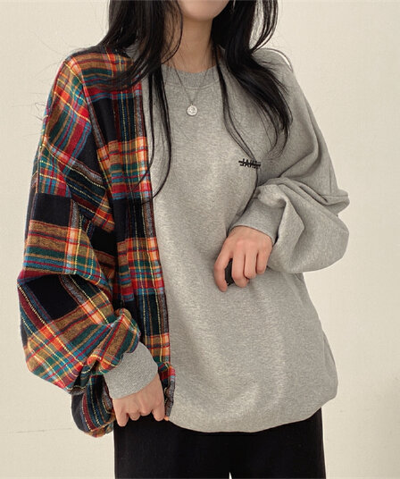한국 chic 가을 연령 감소 레트로 작은 대중 디자인 센스 품격 라운드 넥 체크무늬 패치워크 루즈핏 긴팔 티셔츠