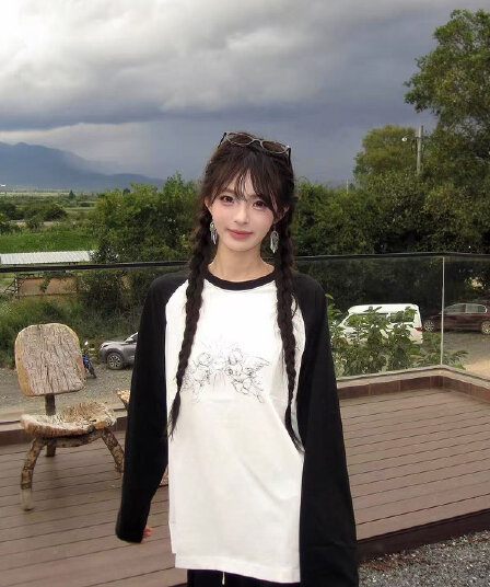 200그램 순면 플러그 루오 모방 당겨서 어깨 테두리 긴팔 티셔츠