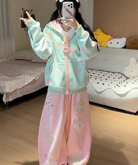 후아 면 복합 가을 루즈핏 재킷 한 부서 도트 무늬 대 지퍼 후드 티 스웨터