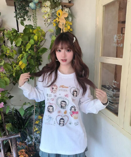 높은 품질 순면 200그램 21 빗질하다 정밀 프린트 가을 루즈핏 뭉치 구두 긴팔 티셔츠 여성