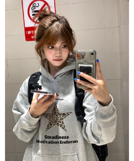 후아 면 복합 없음 모자 로프 있음 주머니 후드 티 스웨터 여성 프린트 얇은 스타일 털이 있는