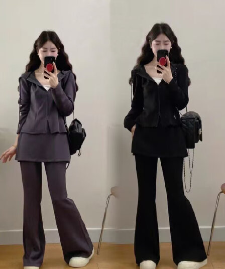 모방 면 사선 무늬 당겨 프레임 250그램 빅 사이즈 지방 mm 봄 가을 여성 레저 스포츠 슈트 새로운 투피스 세트