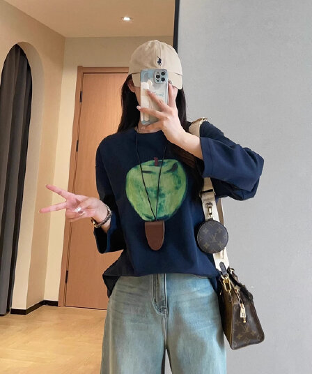높은 품질 순면 200그램 21 빗질하다 정밀 프린트 가을 루즈핏 긴팔 티셔츠 여성