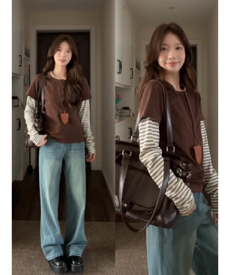 210 그램 좋은 면 긍정적 인 어깨 티셔츠 라운드 넥 단추 패치워크 페이크 레이어드 긴팔