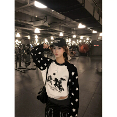 批发星星印花拼接假两件<b class='q'>男</b>女美式街头轻亚复古华夫格春秋长袖<b class='q'>t</b><b class='q'>恤</b>潮流