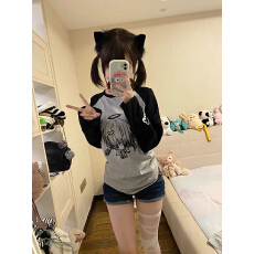 批发日系二次元甜酷涂鸦拼接<b class='q'>T</b><b class='q'>恤</b>女春秋新款学生宽松亚文化长袖上衣女