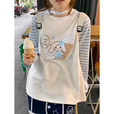 批发甜美可爱拼接蓝色条纹<b class='q'>T</b><b class='q'>恤</b>女春秋新款学生宽松软妹长袖上衣女百搭