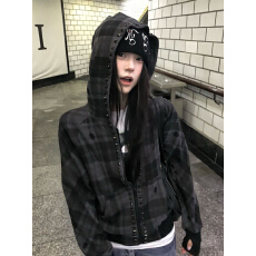 批发美式格纹连帽卫衣男女铆钉插肩开衫<b class='q'>外套</b>亚文化上衣