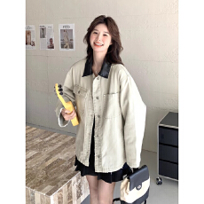 批发灰色拼接pu皮领<b class='q'>牛仔</b>外套男女秋冬款中性工装褂子美式高街情侣夹克